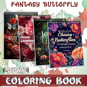 4PC Adult Coloring Book Set, Art - Butterfly, Flowers & Magic Jar Themes - A4 Thick Paper, Spiral Bound - Beginner-Friendly, Vivid Designs for Relaxation, Stress Relief - Perfect Gift for Men, Women - Holiday & Special Occasion