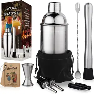 24 Oz Cocktail Shaker Set Bartender Kit by Aozita, Stainless Steel Martini Shaker, Mixing Spoon, Muddler, Measuring Jigger, Liquor Pourers with Dust Caps and Manual of Recipes, Professional Bar Tools Aozita