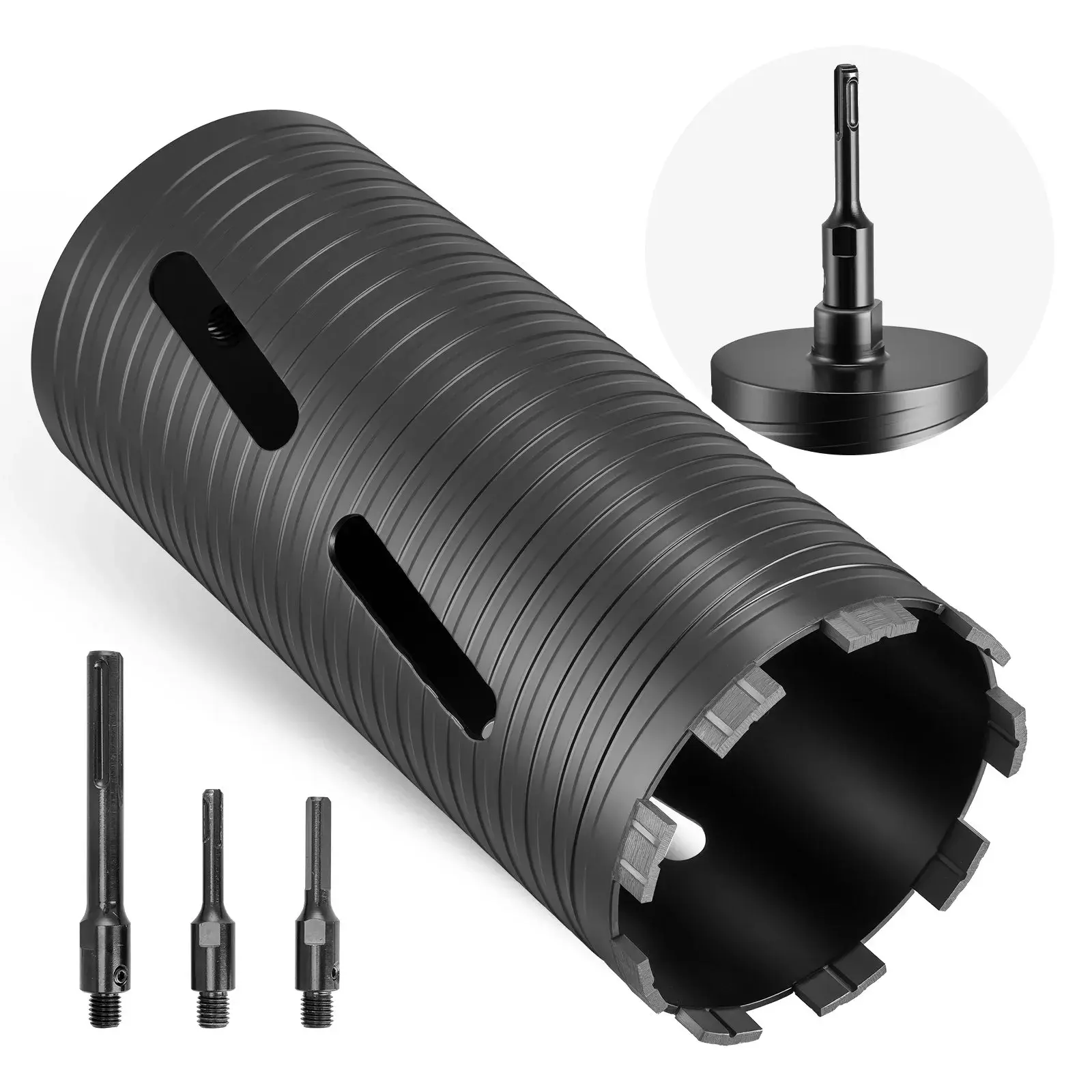 【DealsForYouDays】VEVOR Carbon Steel Dry Core Bit - 4.5" Dia., 9.5" Depth, 5/8-11 Internal Thread, Burr-Free Cut, 3-Piece Adapters Set, Pilot & Hex Wrench for Concrete, Red Bricks, Masonry (Airports, Highways)