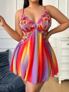 Plus Size Women's Mesh Backless Sleeveless Tank Nightgown, Embroidered Floral Rainbow Gradient Print, Sexy Summer Homewear Nightwear Loungewear, Comfortable Fitted Fashion Design, Floral Sleepwear, Printed Nightgown