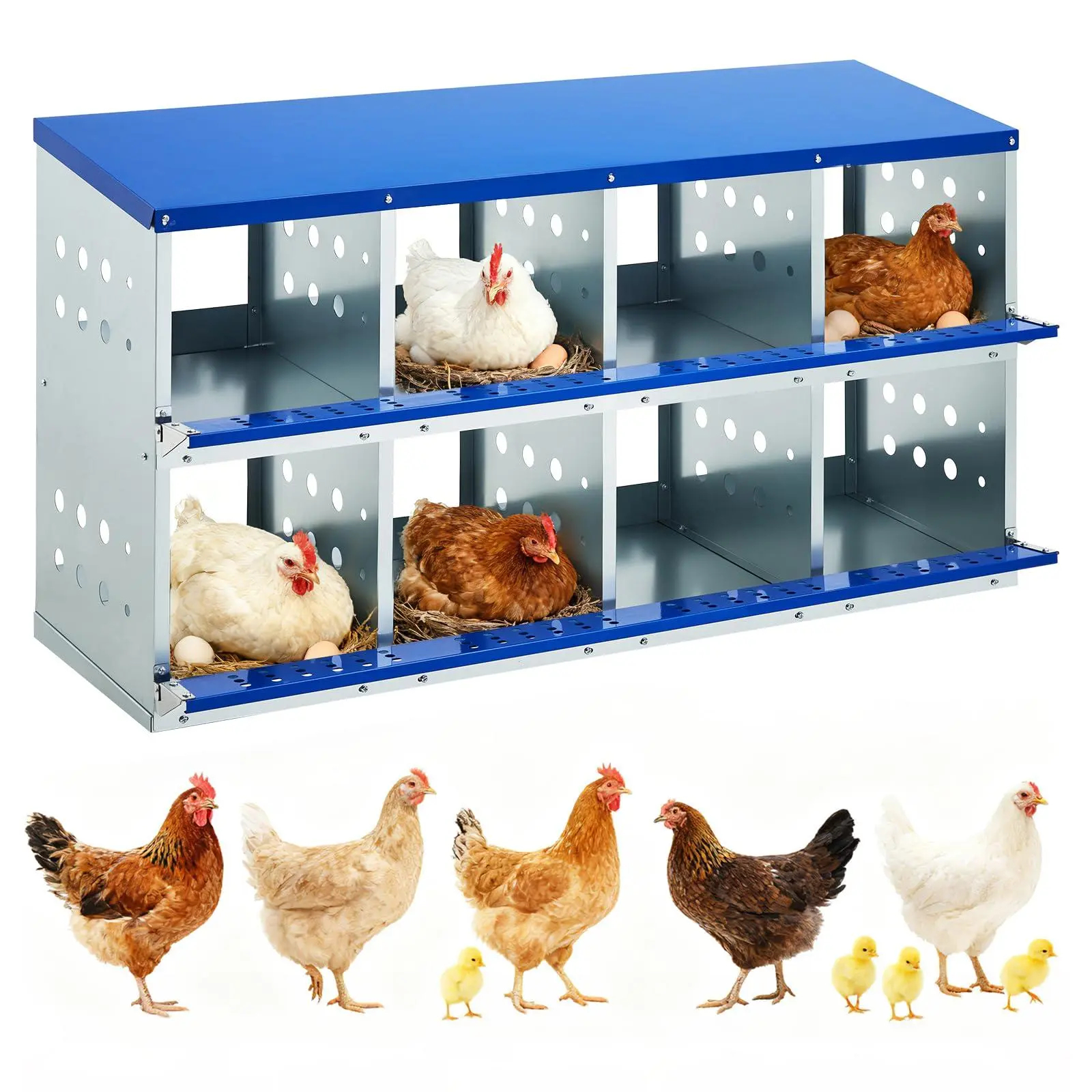Metallic Galvanized Steel Chicken Nesting Boxes - 8-Compartment Poultry Housing with Roll-Out Egg Collection Tray, Ventilation Holes, Swing-Up Perch for Backyard Coops, Multiple Hens, Chicken, Goose, Duck
