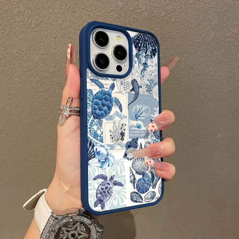 Magnetic MagSafe-Ready Smartphone Case for iPhone 11/12/13/14/15/16/17 Pro Max, Ocean Life Collage Design, Ultra-Thin Shockproof Protection for Handheld Cellphone Devices, Cute Pick for Girls