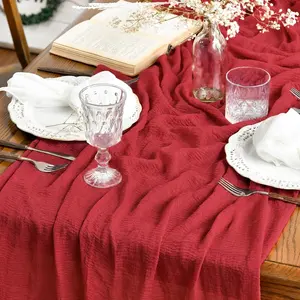 Artoid Mode Boho Cheesecloth Gauze Red Wedding Table Runner 120 Inch 10FT, Seasonal Fabric  Holiday Table Decor for Party Indoor Ornaments Decoration