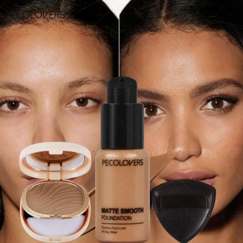3pcs/set Travel-Ready Face Makeup Kit, 3PCS Waterproof Liquid Foundation & Pressed Powder & Makeup Puff, Full Coverage Compact Set for On-the-Go Touch-Upsace
