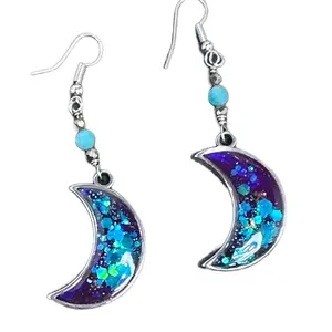 Vibrant Shades of Blue & Purple Stainless Steel Moon Earrings-Accents of Pyrite and Peruvian Amazonite Beads-Handmade in the USA