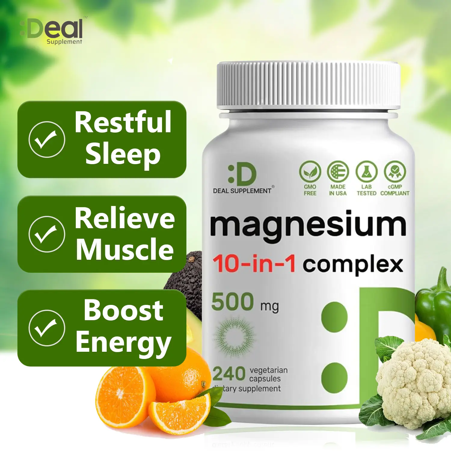 DEAL SUPPLEMENT 10-in-1 Magnesium Complex | 500mg of Magnesium Malate, Citrate,Taurate, & Aspartate for Sleep, Muscles, Nerves & Energy | 240 Capsules