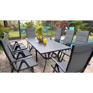 Outdoor Dining Set for 8 with All-Aluminum Black Slat Table an Padded Folding Chairs