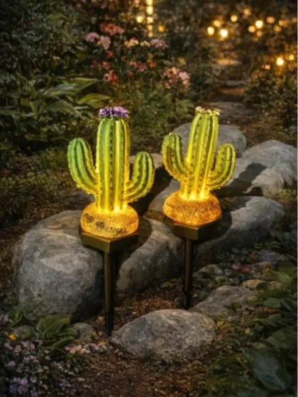 Solar Cactus Garden Stakes - Waterproof Warm White LED Saguaro Lights with Solar Panel, Outdoor Garden Decor for Yard, Desert-Themed Landscapes