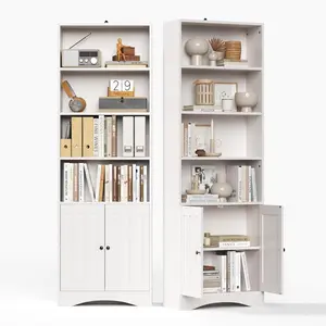 Gizoon Bookshelves and Bookcases with Doors, 6-Shelf Bookcase, Floor Standing Display Storage Shelves, 71” Tall Bookcase, with Adjustable Shelves, for Home, Office, Living Room, Bedroom, White