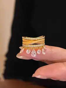 Fashion Luxurious Geometric Copper Zircon Tassel Stackable Finger Rings, Adjustable Fit Daily Wear, Perfect Gift, Stylish Jewelry for Women, Statement Rings