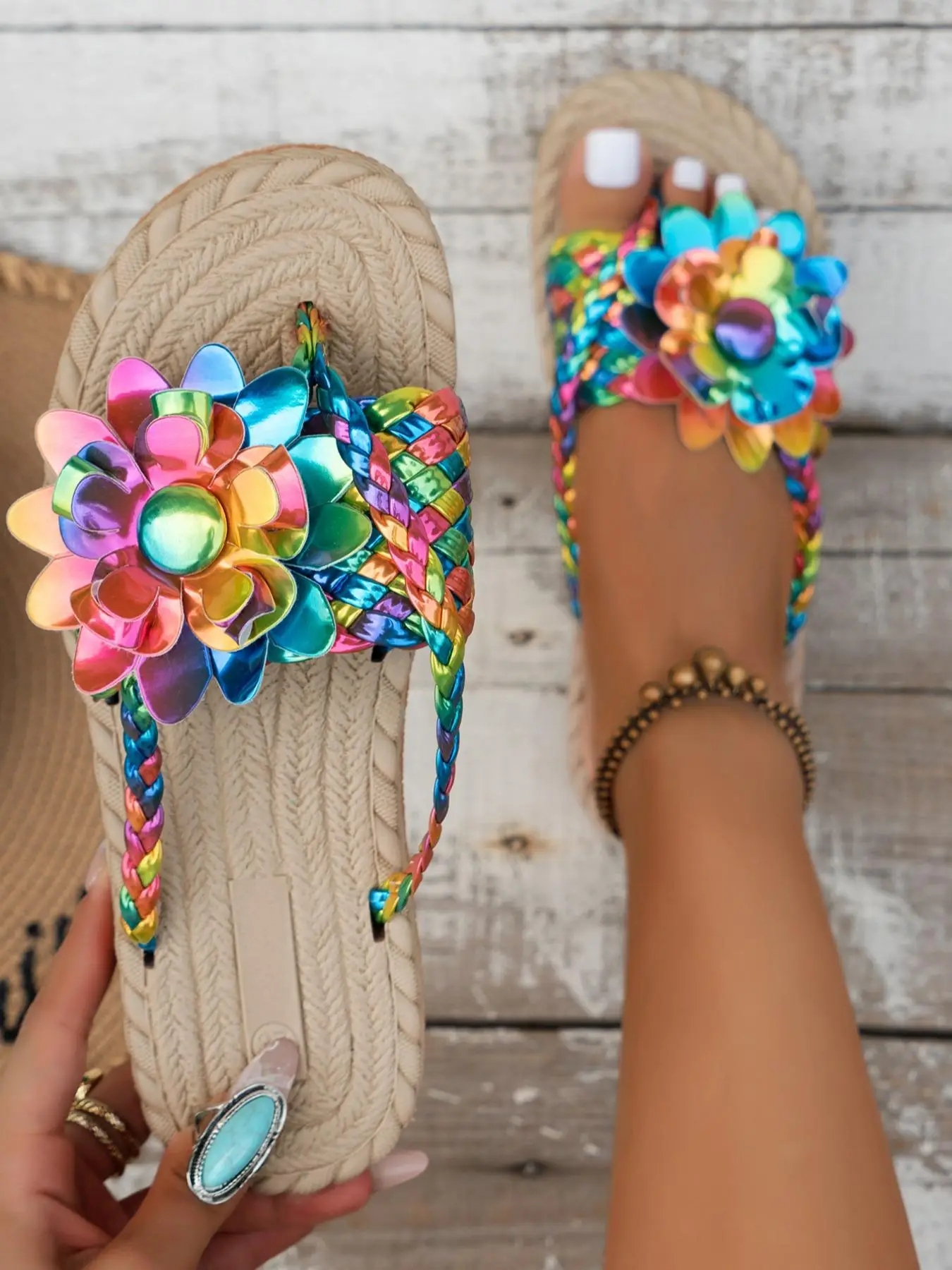 Women's Fashionable Casual Open Toe Summer Sandals, Flat Heel Slide Sandals, Summer 2024 Stylish Colorblock Braid Design & Flower Design Slide Sandals