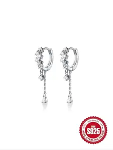 S925 Sterling Silver Women's Elegant Rhinestone Decorated Hoop Dangle Earrings, Exquisite Trendy Earrings, Fashionable Jewelry for Women for Daily & Party Decoration