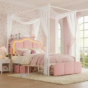 Jocoevol Girls Twin Velvet Upholstered LED Canopy Bed Frame with 2 Storage Drawers and Charging Station, Crown Storage Headboard with Bookshelf, Two-Use Princess Platform Bed with 4 Removable Posts