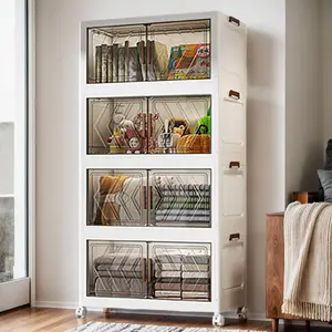 4-Tier Collapsible Storage Bins with Doors & Wheels, Stackable Closet Organizer Containers for Room, Cabinet & Installation (15.75in*10.24in*35.43in)