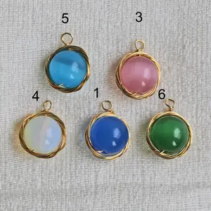 Hand Crafted Wire Wrapped Cat Eye Charm Pendant Connector for Necklace, Earring, Jewelry Making