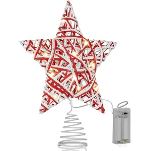 Christmas  Rattan Tree Topper - Red and White Xmas Holiday Decor Rustic LED Lights Light Up  Topper Ornament Decoration 12"