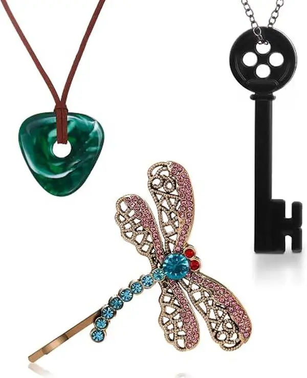 3PCS Coraline Accessories Coraline Necklaces|Key Necklaces|Dragonfly Hair Clip for Women Men, Coraline Jewelry for Halloween Costume Cosplay Movie Props Dress Up