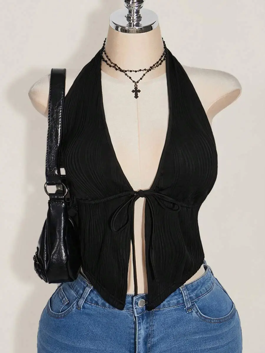 Plus Size Black Halter Tied Bow Backless Knit Top, Front Tie Bow Top, Y2K Basic Halter Neck Shirt