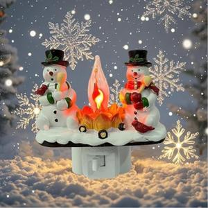 christmas snowman campfire night light, resin plug-in with flickering flame effect, perfect for christmas & halloween decorations, decorative