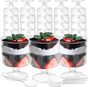 50 Pack Mini Plastic Dessert Cups with Spoons, 5 Oz Clear Appetizer Goblet Dessert Cup, Small Shooter Cups for Desserts, Appetizers, Puddings, Mousse