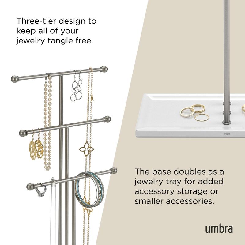 Trigem Jewelry Stand, 3-Tier Necklace Holder & Accessory Organizer with Tray Base, Modern Decor - Choose Your Finish Metal Racks Boxes