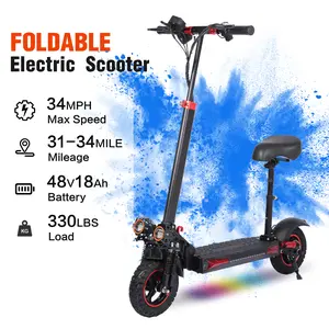 Adult off-road electric scooter - Top speed 34 mph, 48V 18Ah battery, 34-mile range, 11-inch tires, hydraulic brakes, front and rear suspension, foldable, with seat.