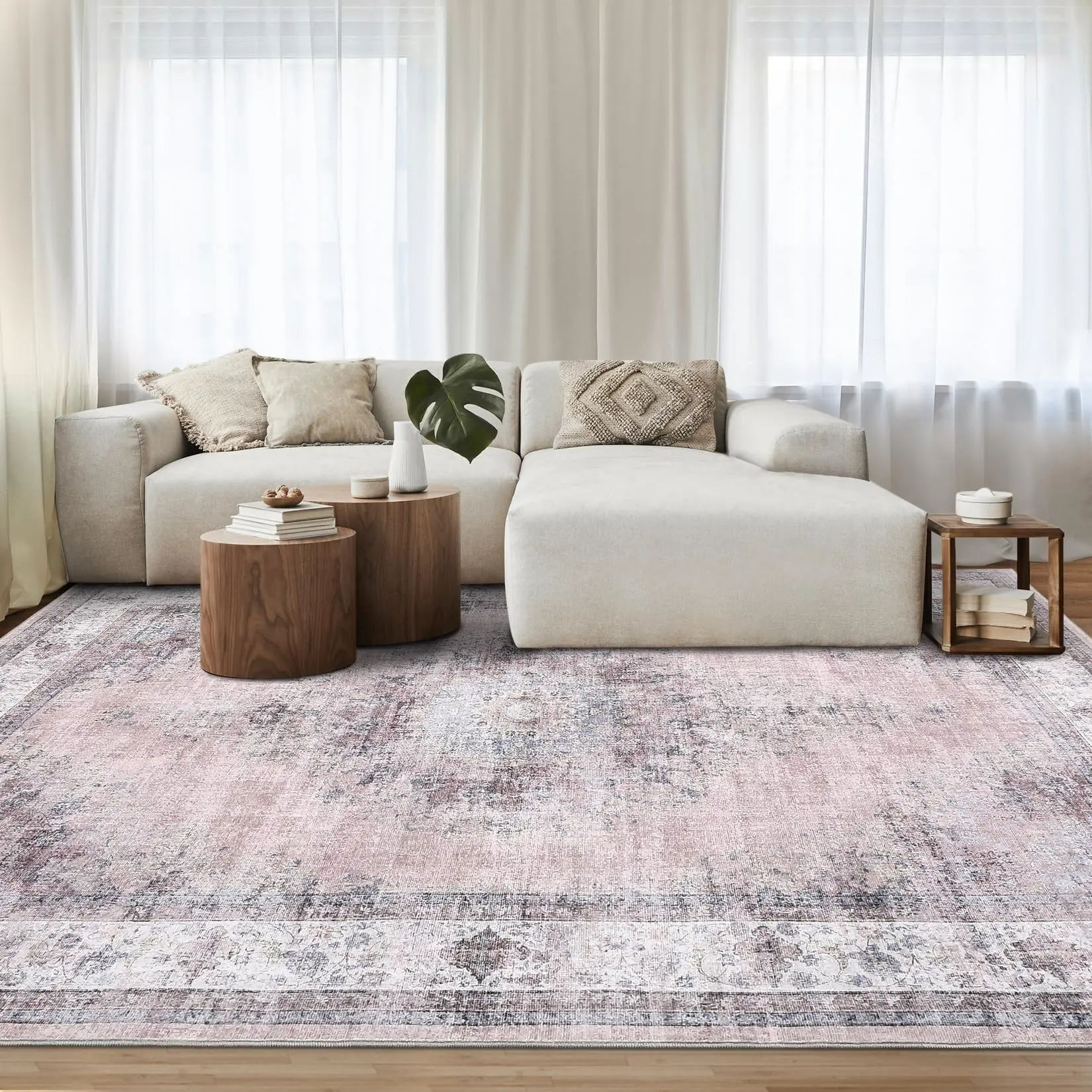 【GARVEE】4x6 Washable Area Rug - Low Pile, Non-Slip, Foldable Vintage Accent Rug for Entryway, Living Room, Bedroom, Home Office - Pink, Non-Shedding Traditional Floor Carpet
