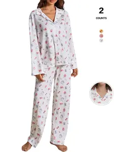 2026 Women's Y2K 2-Piece Pajama Set, Long Sleeve Floral & Fruit Print Loungewear, Wide-Leg Pant & Top Pjs, Casual Fitted All-Season Wear Nightwear, Sleepwear Loungewear