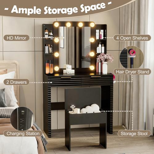Bellemave Vanity Desk with Mirror & Light, Large Drawer Three Level Storage Dresser, 3 Lighting Modes Adjustable Brightness, Bedroom Dressing Table Bellemave Vanity Desk with Mirror & Light, Large Drawer Three Level Storage Dresser, 3 Lighting Modes Adjustable Brightness, Bedroom Dressing Table