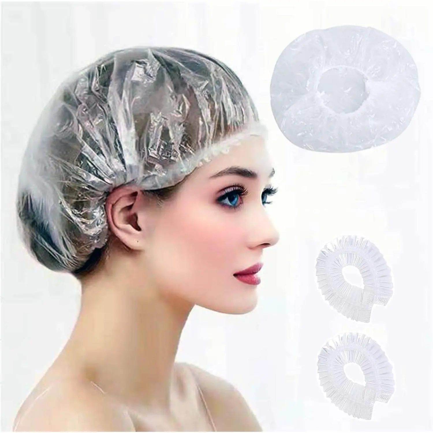 100 count Disposable Shower Caps Thickened  Hair Bath Caps for Women Men Girls Travel  Hotel Home Use Salon - Multi-Purpose Elastic Plastic Clear Shower Caps, Essentials Accessories(20.5")