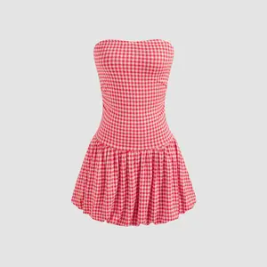 Cider [size 0-10] Strapless Gingham Bubble Hem Tube Mini Dress