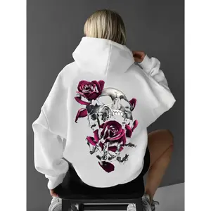 Women's Fashion Rose Skull Print Hoodie, Casual Long Sleeve Letter Print, Loose Fit, All Seasons Wear