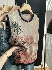 1pc Women's Spring/Summer Back to School Casual Womenswear Loose Crew Neck Sleeveless Knit Top Vests - Dark BluePiped Trim, Contrast Gradient Plant Print, Gilet Compatible