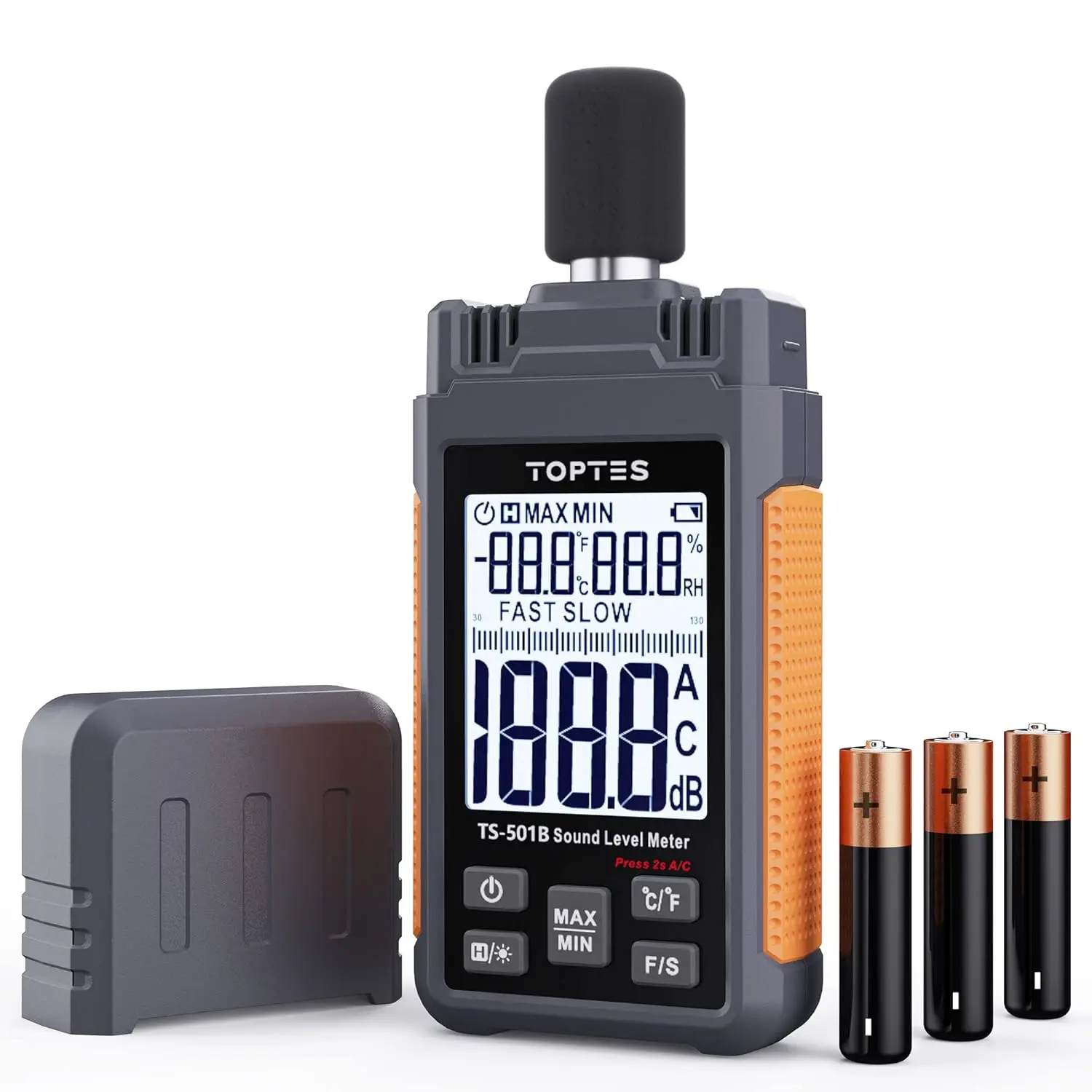Decibel Meter, TopTes TS-501B Sound Level Meter with 2.25" Backlit LCD Screen, Portable SPL Tester with A/C Weighted, Range 30-130dB, MAX/MIN, Data Hold, Use for Home, Noisy Neighbor, Factory - Orange