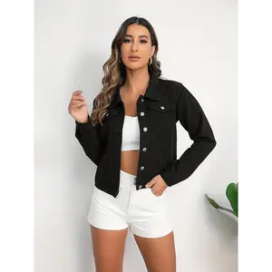 Black Long Sleeves Casual Denim Jacket, Flap Pockets Chic Buttons Solid Color Denim Tops, Women's Denim Jeans & Clothing