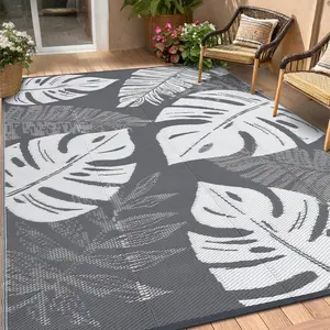 Outdoor Rug Waterproof 9x18 Reversible Mat Leaf Tropical Patio Rug with 4 Stakes and Starage Bag Portable Outdoor Area Rug for Camping Porch Deck Rv Balcony Backyard Beach, Grey