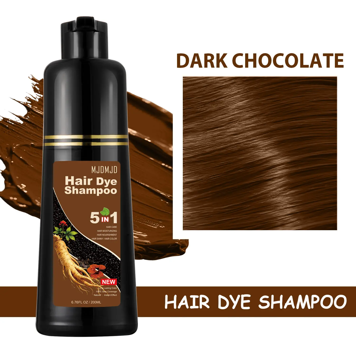 Instant Dark Chocolate Hair Dye Shampoo - 5-in-1 Natural Hair Coloring & Care for Gray Coverage, Herbal Ingredients, Semi-Permanent Color for Men & Women, 200ml