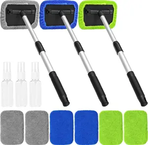 3 Pieces Car Windshield Cleaner Tool Inside Microfiber Car Window Cleaning Tool with Extendable Handle, 9 Microfiber Pads and 3 Spray Bottles for Auto Home Interior Exterior Glass Wiper
