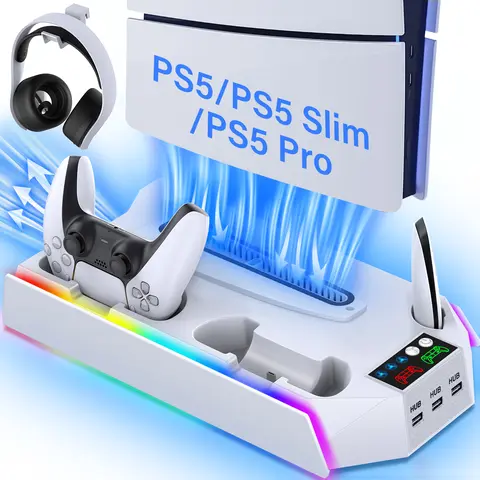 ZRZLMVP PS5 Charging Station Cooling Stand, White Gaming Accessory for PS5 Standard-Slim-Pro Consoles & Devices with Game Protection & Lights