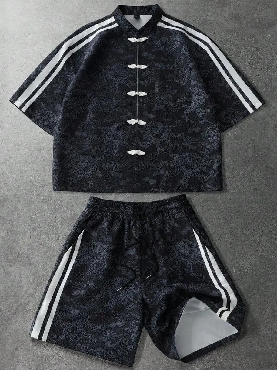 Dragon Print Tang Suit Set, Men's Short Sleeve Shirt and Shorts, Stylish Two Piece Summer Streetwear Outfit