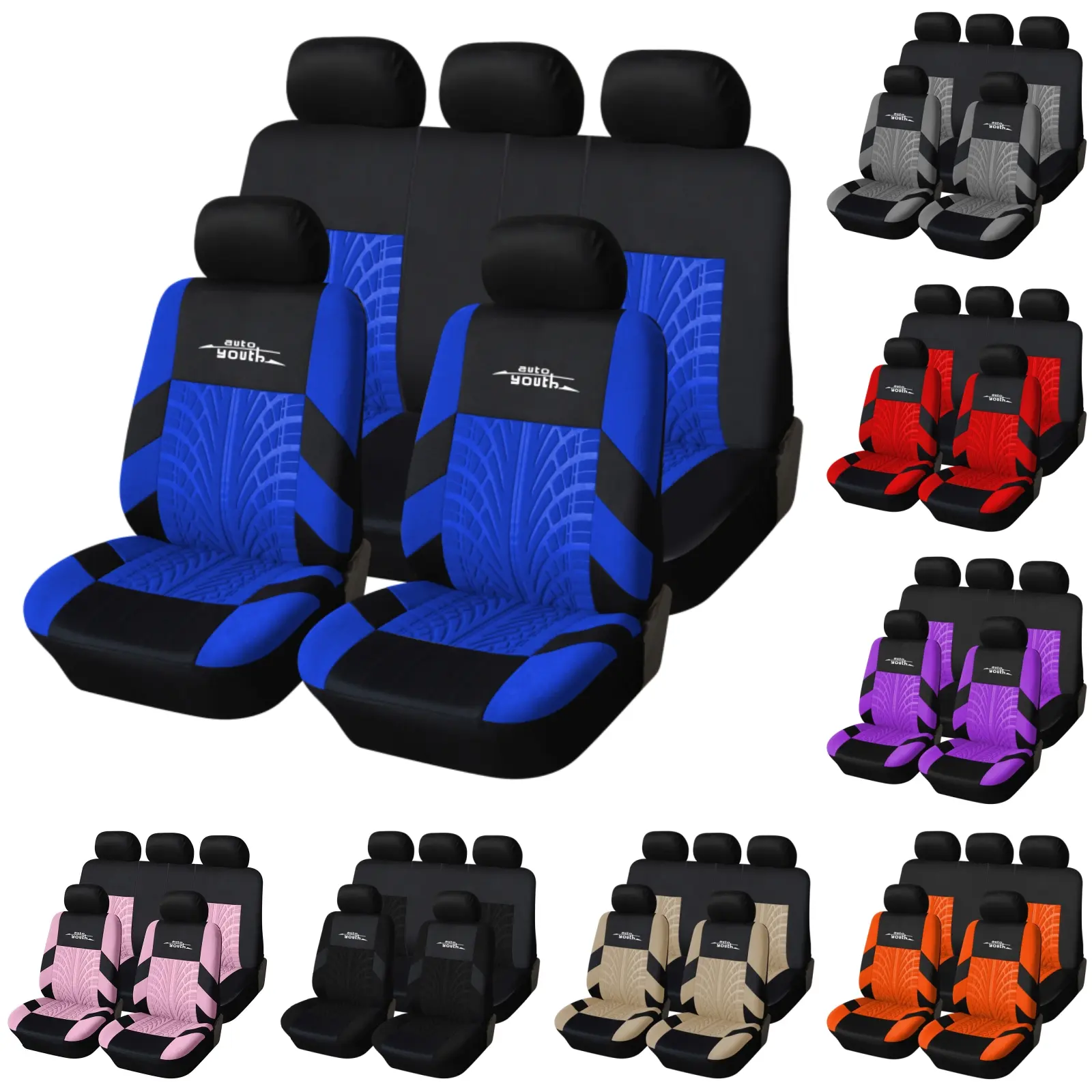 AutoYouth Universal 5-Seater Car Seat Covers Full Set, Blue Black Breathable Fabric Automotive Seat Protectors, Sporty Tire Pattern Design, Washable Seat Covers for Sedan SUV Truck Van, Airbag Compatible, Car Decor Gift, Car Interior Accessories