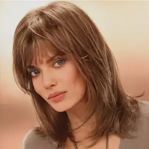 18 inch Elegant medium-length brown mixed soft heat-resistant wig with bangs for women - Perfect for everyday wear, Halloween, and parties