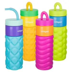 COOLGEAR 2-Pack 24 oz GO GRIP Plastic Retro Squishy Water Bottle | Cute Printed Design, Foam Grip, Resealable Bendy Straw | Dishwasher Safe