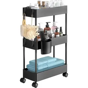 Slim Storage Cart with Wheels - 3 Tier Bathroom Organizers and Storage Cart - Rolling Carts for Bathroom, Kitchen, Narrow Space, Laundry Room,Black