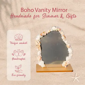Boho Seashell Vanity Mirror Handmade Beachy Home Décor with Seashells Faux Pearls Wooden Base Coastal Charm Unique Gift Idea