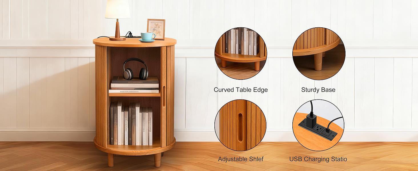 DHH Yellow Oak Round Nightstand with Hidden Storage & Power Strip, 2-Tier Circular Bedside Table with USB, Elegant Accents Table for Home Office & Entryway