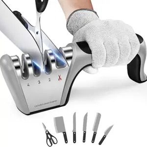 4-in-1 Knife Sharpener 4 Stage with Cut-Resistant Glove, Quickly Sharpens & Restores Dull Blades, Easy & Safe for Home Kitchen Use, Fits Most Knives and Scissors, Black+Silver