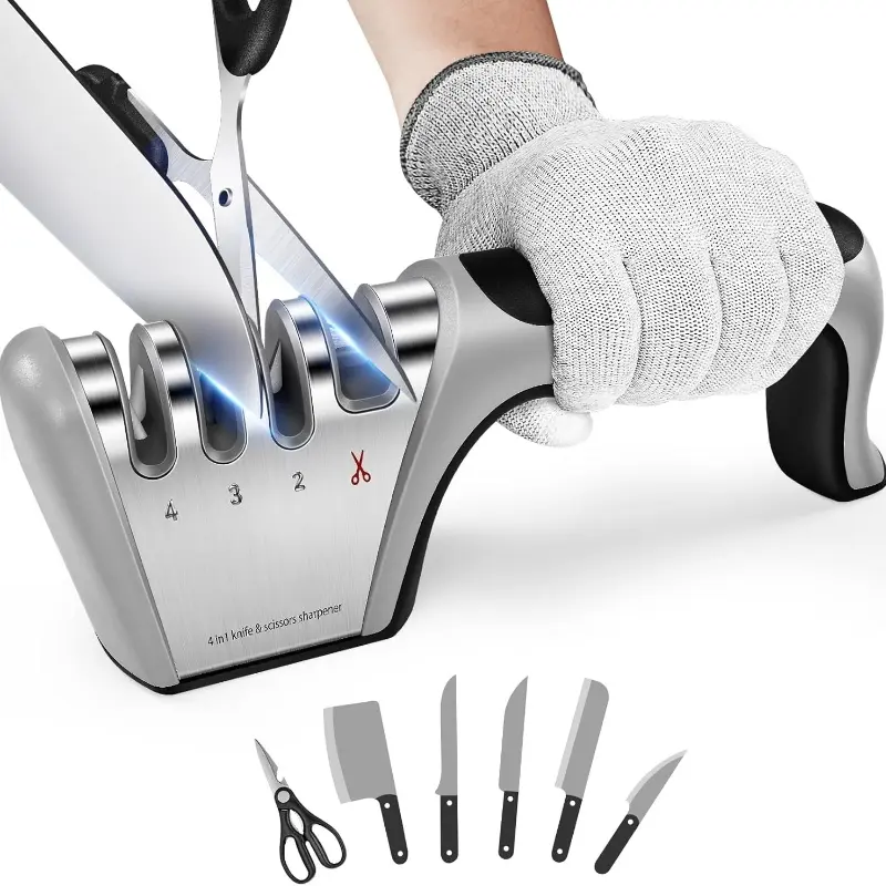 4-in-1 Knife Sharpener 4 Stage with Cut-Resistant Glove, Quickly Sharpens & Restores Dull Blades, Easy & Safe for Home Kitchen Use, Fits Most Knives and Scissors, Black+Silver
