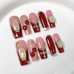 MAGIC NAILS Winter 2025 New Arrival Burgundy French Manicure Press-on Nails with 3D Relief Madonna Cross Vintage Light Luxury Style Handmade False Nails for Christmas New Year