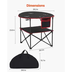 VEVOR Folding Camping Table, Portable Outdoor Lightweight Picnic Table, 600D Oxford Fabric Waterproof Canvas Travel Beach Tables, with 4 Cup Holders, Carry Bag, for Tailgating Camping Picnic, Black